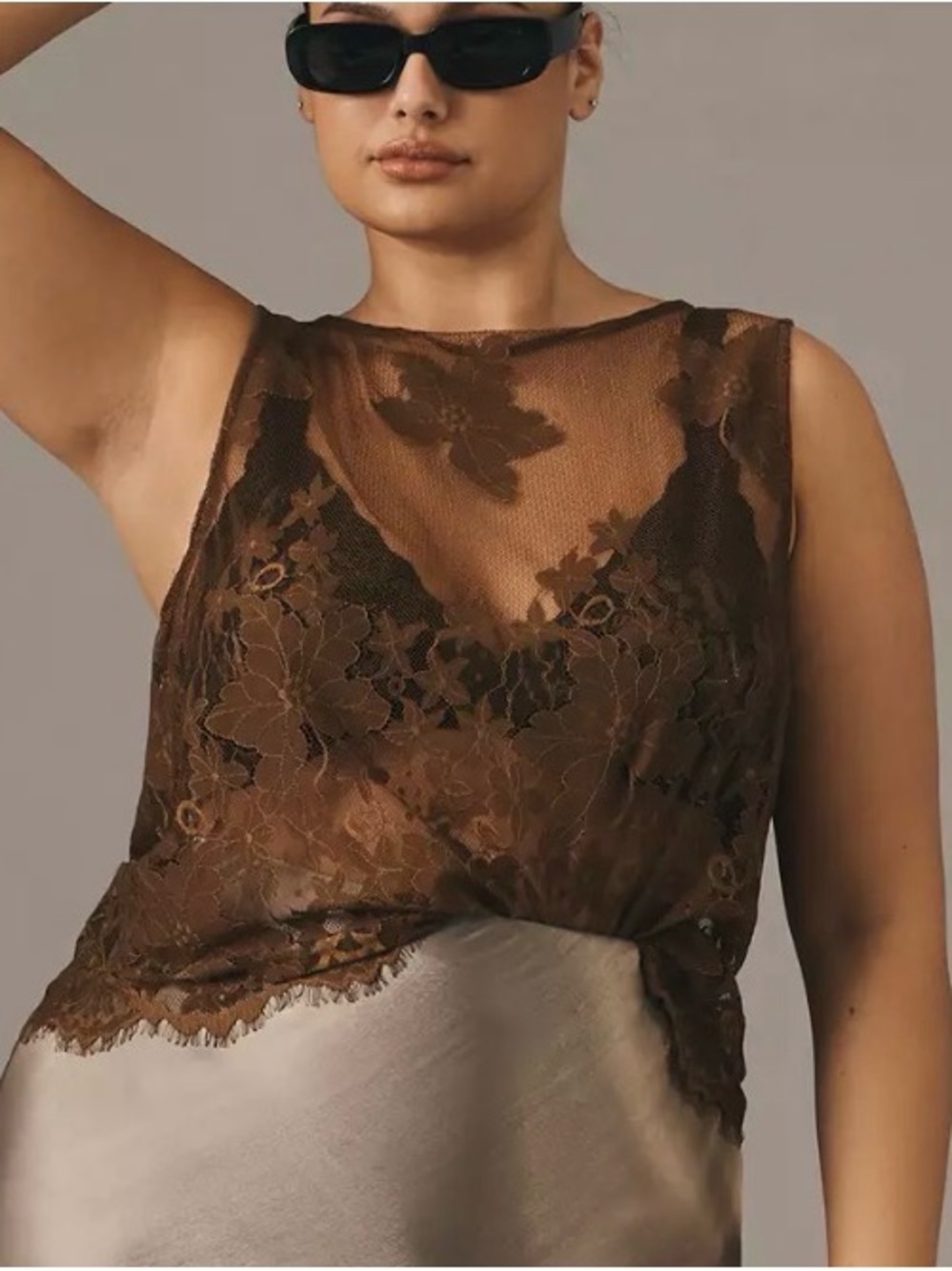 By Anthropologie Sheer Lace Shell Tank Top in Brown Size 1X